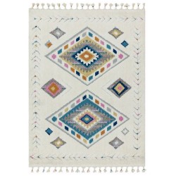 Tapis de salon ivoire style oriental à motifs géométriques multicolore